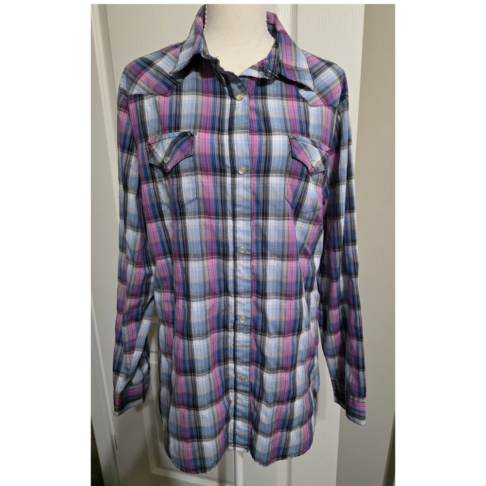 Wrangler Women XL Pink Blue Plaid Long Sleeve‎ Pearl Snap Shirt Lightweight